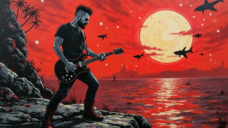 Hyperrealistic graffiti illustration in red and black ink, Banksy style, of a handsome punk man, 35 years old, black leather jeans, black t-shirt, beard, sunglasses, many tattoos, with punk haircut, high rocker boots, playing electric guitar in a very dark...