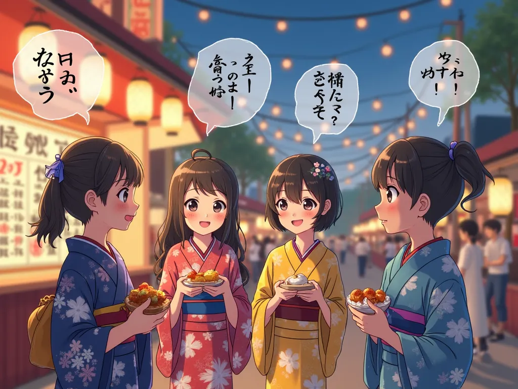 High-Quality 2:3 Ratio Poster for a Japanese Language Classroom – Close-Up Festival Scene with Conversing Characters
This high-resolution, detailed poster focuses on a close-up view of animated characters, dressed in traditional Japanese attire, engaging i...