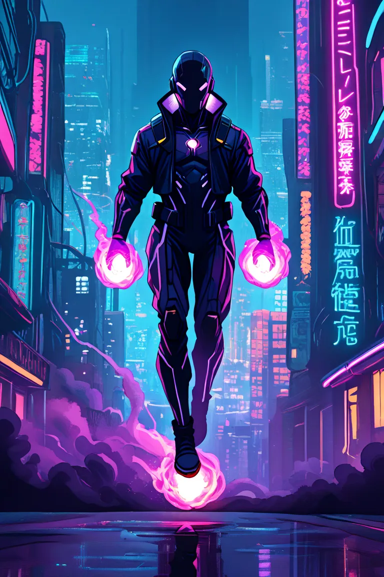 A captivating scene of a cyberpunk hero, adorned in a high-tech suit with glowing neon accents. The hero holds a neon purple fireball in their hand, which levitates in mid-air. The fireball emits a mesmerizing glow, and a trail of smoke follows its path. T...