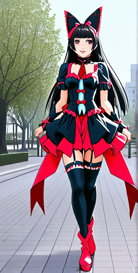 Rory Mercury,high resolution, better quality, HD model, High detail, high quality, full frame, full length , full height, Gothic style in the center, black hair, straight hair, Breasts, makeup, scarlet lips, Park,  walking in the park , posing in the park 