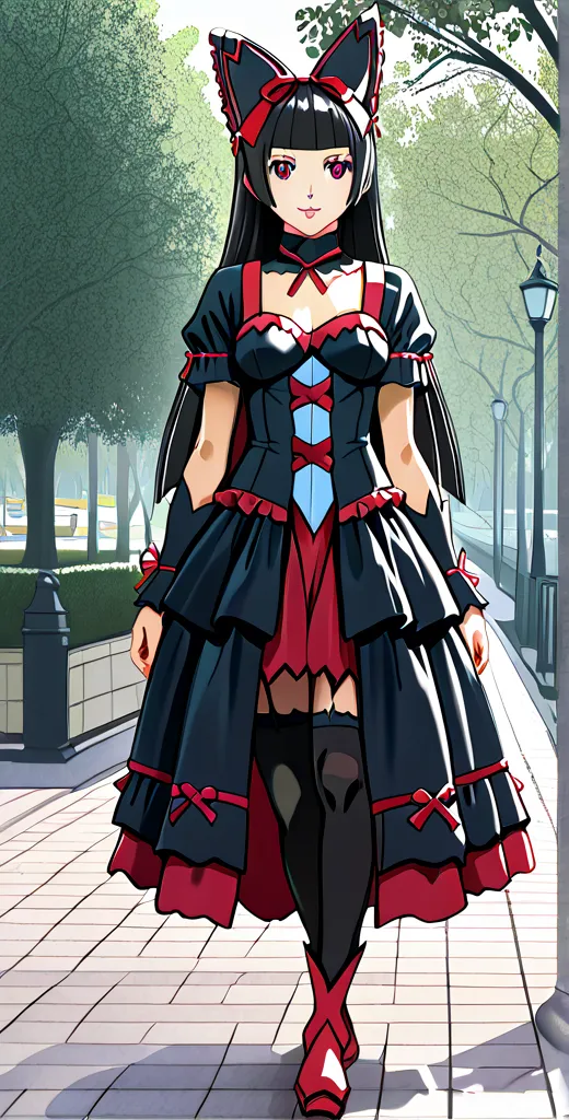 Rory Mercury,high resolution, better quality, HD model, High detail, high quality, full frame, full length , full height, Gothic style in the center, black hair, straight hair, Breasts, makeup, scarlet lips, Park,  walking in the park , posing in the park 