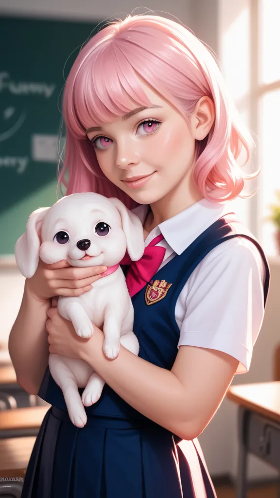 boy schoolboy .  wearing a school uniform. pink hair,  pink eyes . He holds a white puppy in his hands 