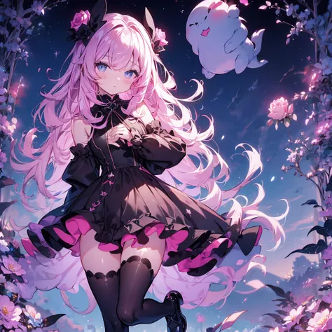 beauty、pink and magenta gradient background、 black clothes 、 pretty face、baby face、((( detailed eyes 、 droopy eyes )))、  long sleeve with flared cuffs  、 Shoulder-Out、 one-piece flared skirt 、 holding a stuffed rabbit in one hand、black and light blue socks...