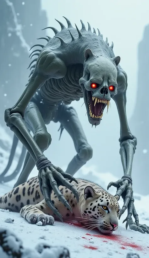 Wild skullwalker badly killed the snow leopard and leg on his body 