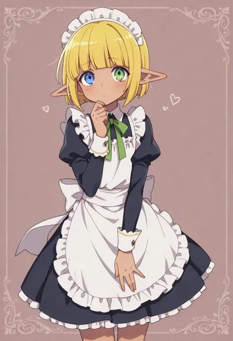 mare bello fiore, heterochromia, blue eyes, green eyes, blonde hair, pointy ears, elf,dark skin,dark skinned male,solo,otoko no ko,male focus,maid,looking at viewer,standing