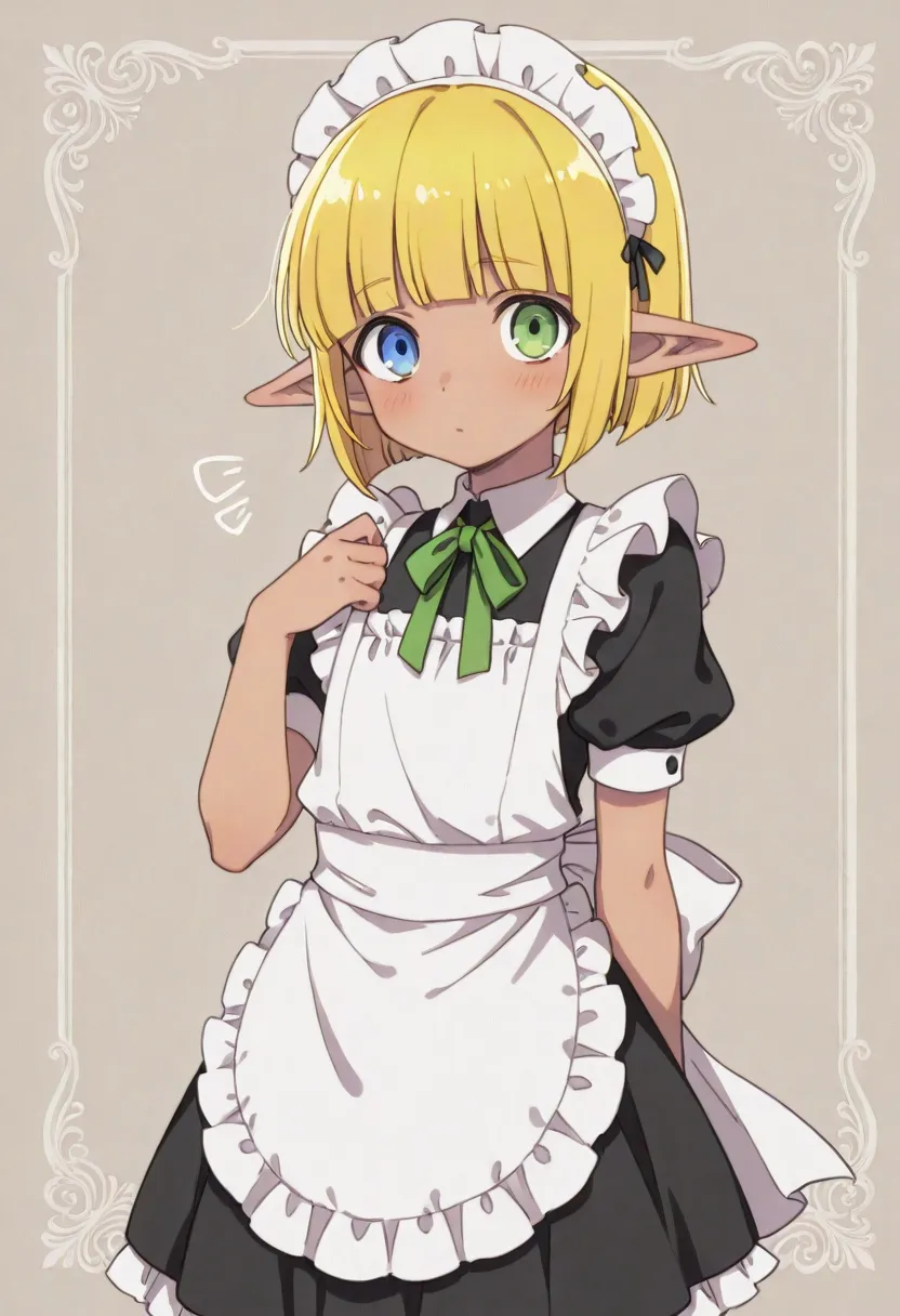 mare bello fiore, heterochromia, blue eyes, green eyes, blonde hair, pointy ears, elf,dark skin,dark skinned male,solo,otoko no ko,male focus,maid,looking at viewer,standing