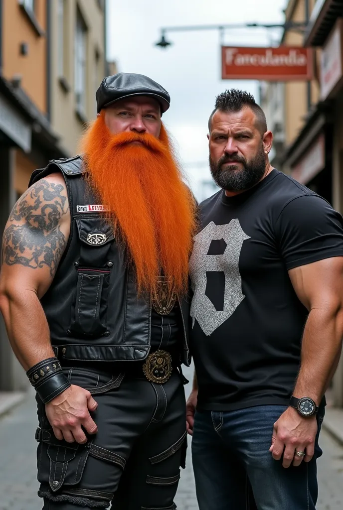 A large muscle man with a thick orange beard, no hair, wearing a hat, dressed as a metalhead, next to a strong man, dark-haired, black-eyed, determined, with a black t-shirt with a white "L" printed on it, who both of them are posing in front of their ghet...