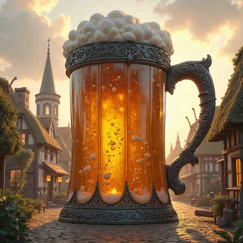 Realistic image of a gigantic draft beer mug filled with frothy beer in a medieval village