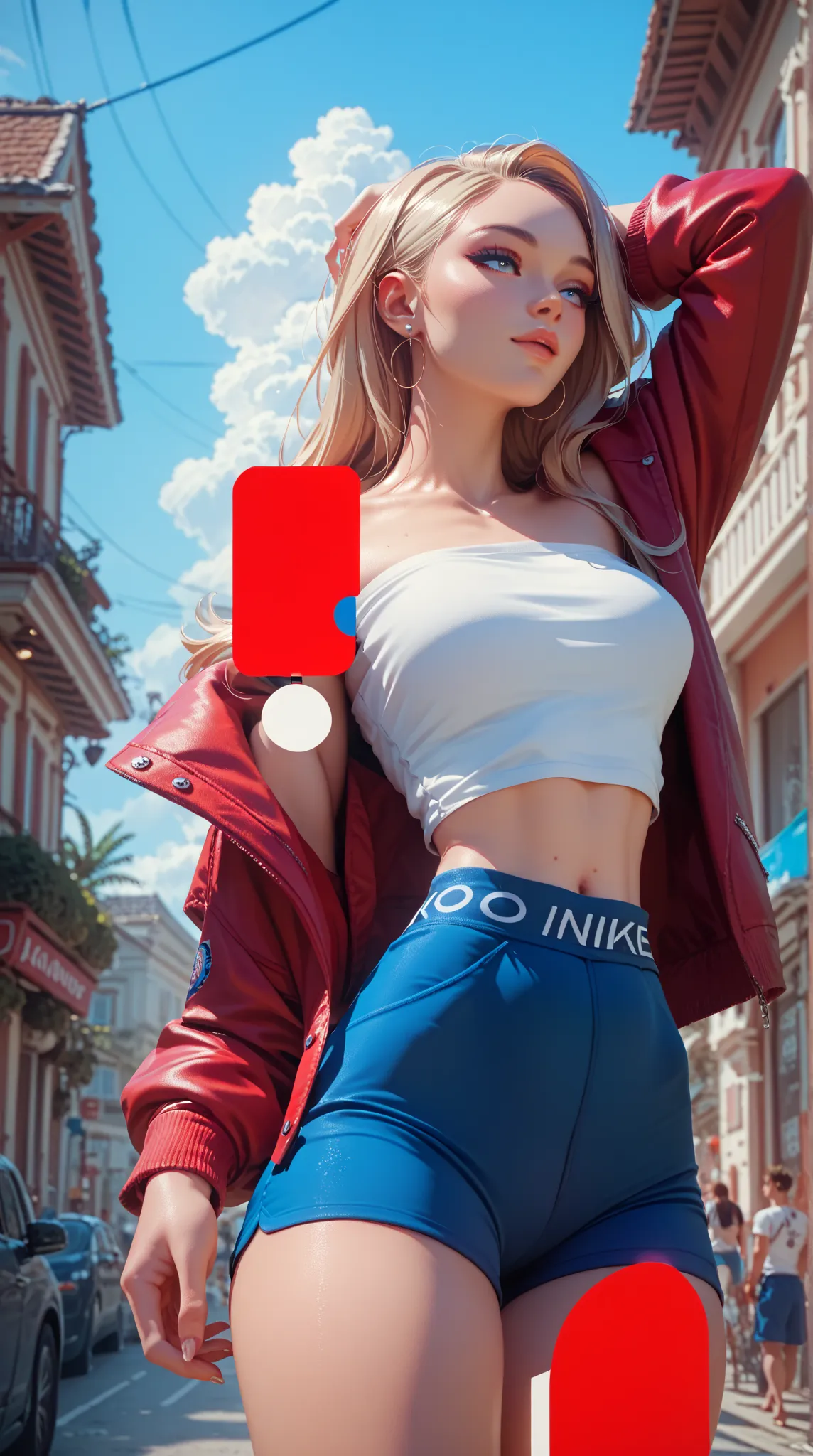 White Sleeveless T-shirt， blue shorts ， Red Jacket ， strapless， sexy body on your upper body，attractive woman，Mobile Paintings，Curved waist，moving drawing on your hand，background is outdoor，Stunning，highest resolution