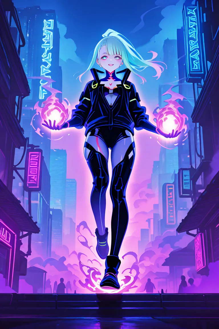 A captivating scene of a cyberpunk hero, adorned in a high-tech suit with glowing neon accents. The hero holds a neon purple fireball in their hand, which levitates in mid-air. The fireball emits a mesmerizing glow, and a trail of smoke follows its path. T...