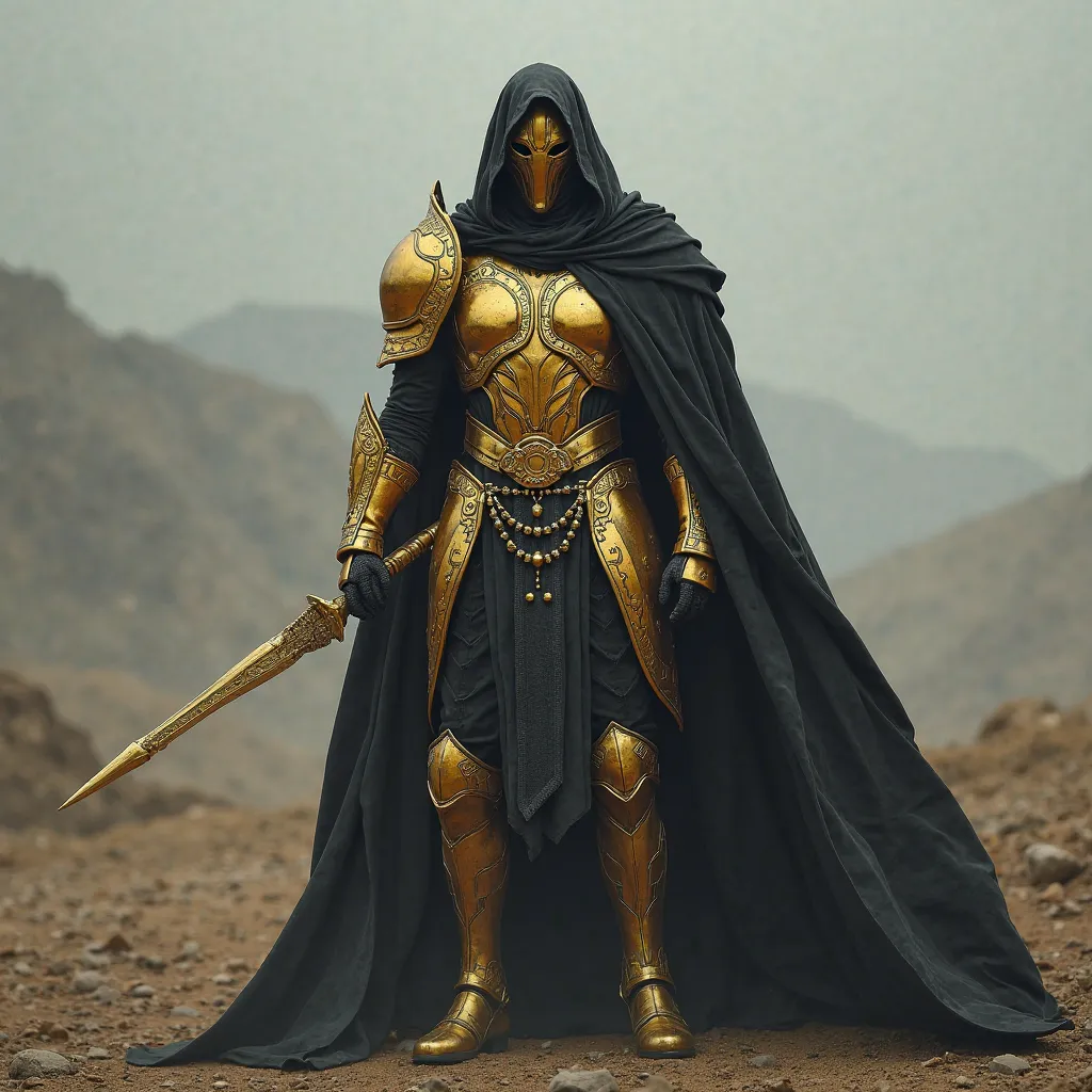 mysterious warrior with a golden mask that is wearing a golden and black armour that has a black hood and a black coat in a desolated land