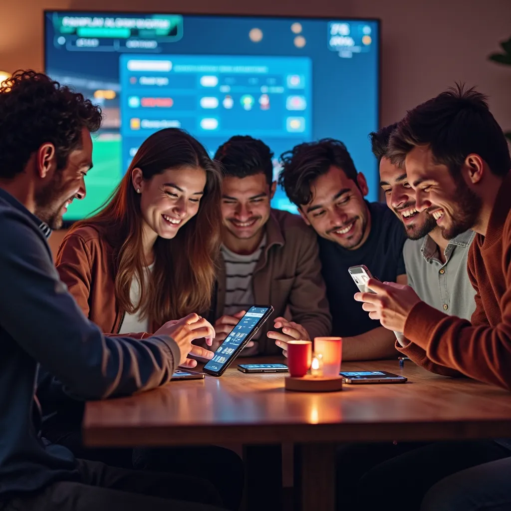 A diverse group of friends using the Fairplay24 app on their devices, discussing winning strategies and celebrating a successful bet. A digital scoreboard in the background showcases live match updates and betting odds.