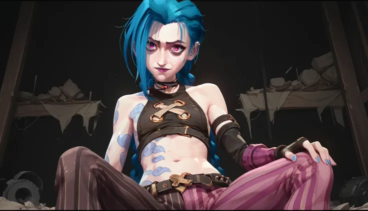 jinx, woman with blue hair and tattoos, long hair , short hair, navel,  bare shoulders are visible, with mouth closed, highlighted sleeves,  with a weapon in hand, very sexy, fingerless gloves,  pink eyes , double braids, below the knee braids,  short top,...