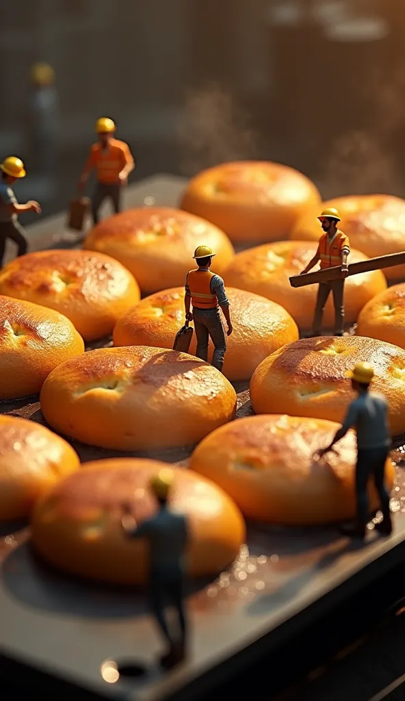 "A hyper-realistic 3D macro shot of tiny construction workers carefully placing large golden-brown bread rolls (pao) onto a hot griddle (tava). The bread rolls are sizzling as they cook, turning a beautiful golden color, with a reddish hue forming around t...