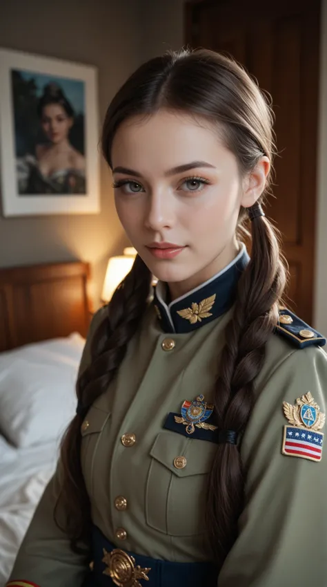 sweet slim military girl, in a dorm room, at night, naughty face, long eyelashes, staying, straight hair with long pigtails, front view, looking to the viewer