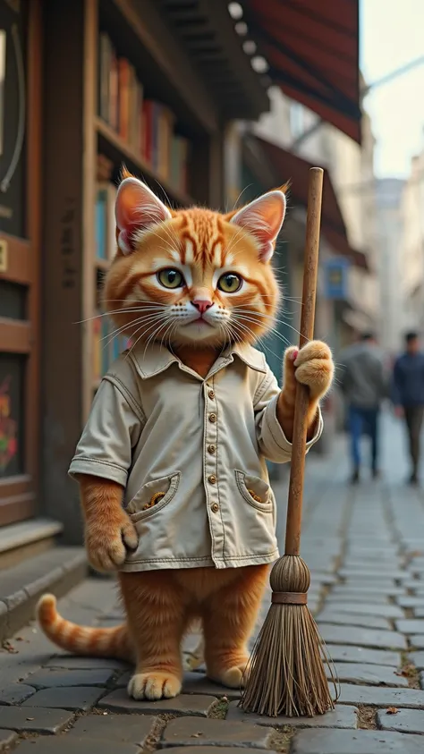 shot from across the street a of a ugly poor book store in a mid day lit street where a sad orange kitten  (wearing a old dirty white shirt with openings in it) the cat is holding a broom cleaning the streets