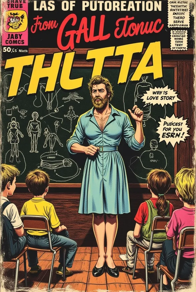 Vintage 60s & 70s action comic book cover called "OUR TRANS TEACHER", classic funny book style font, happy font style, show price of .50 cents and publisher logon, humorous fiction, satirical twist on topical news, torn, worn, collector's item, a man with ...