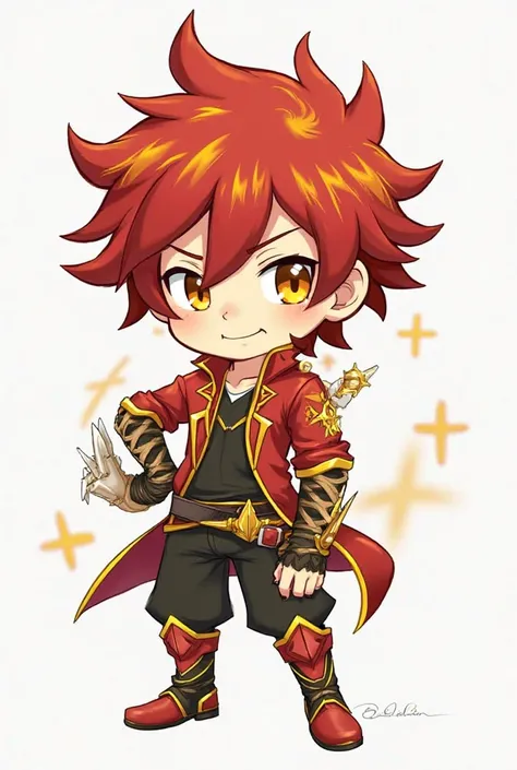 chibi male character : 1. Appearance 
- Hair:Wild, spiky, and messy red hair with yellow-green highlights, mimicking the rambutan’s hairy shell.  
-Eyes:Golden or amber-colored, reflecting the fruit’s warm tones.  
-Skin Tone:Light but with a slight golden...