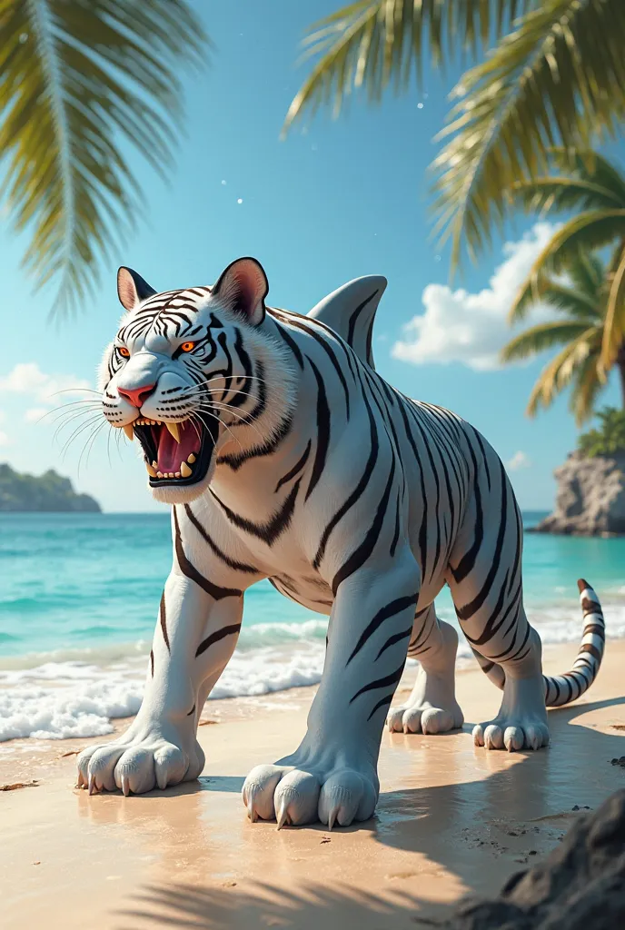 Realistic digital art of a tiger and shark hybrid, ON BEEACH