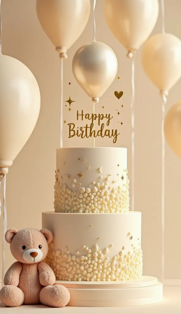 A breathtaking cinematic 3D-rendered birthday cake radiates elegance in soft shades of cream and warm ivory. The upper tier boasts a flawlessly smooth surface, adorned with a refined gold inscription of “Happy Birthday,” adding a touch of timeless grace, w...