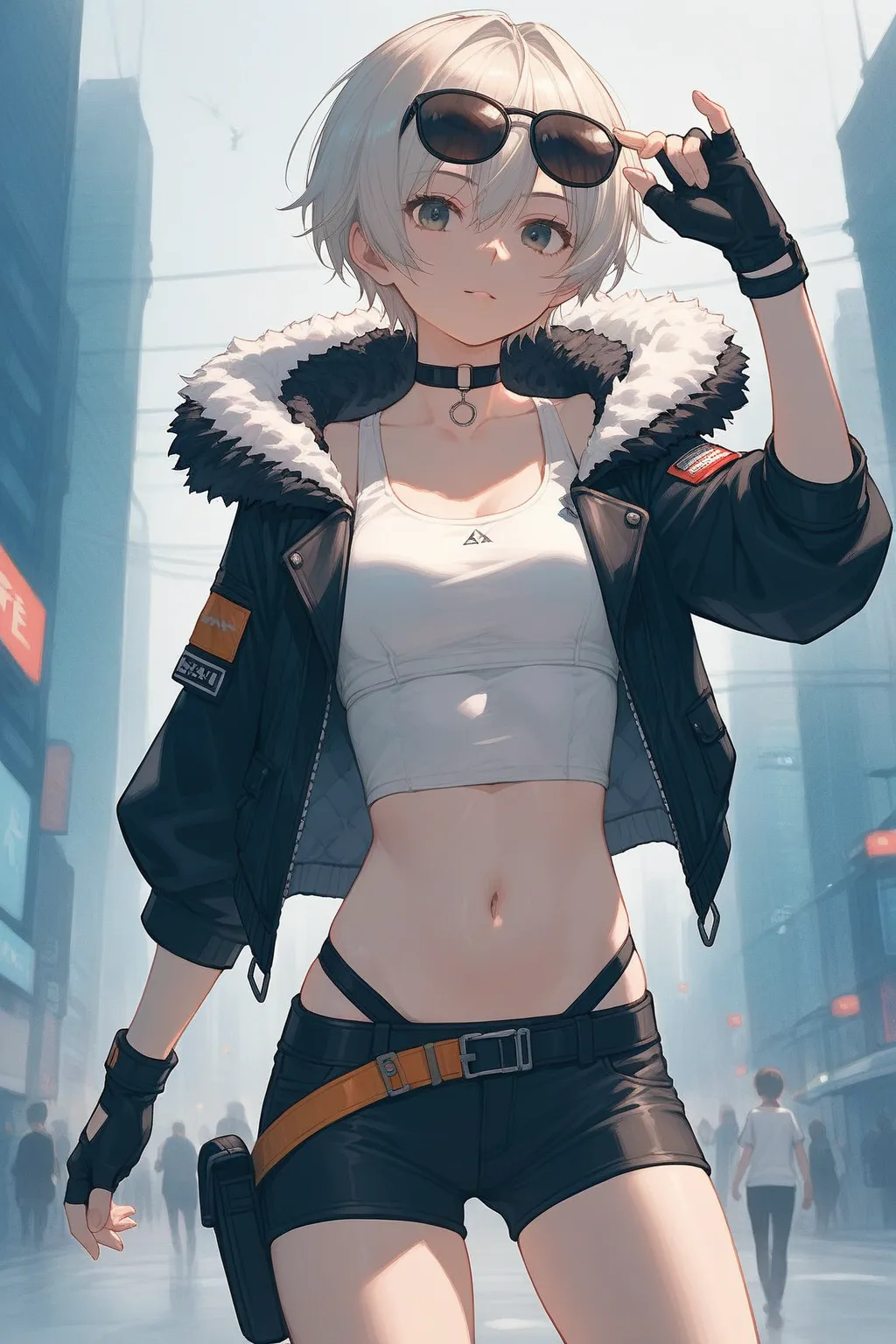 score_9, score_8_up, score_7_up, source_anime, city, solo, ((((1girl, short stature)))), ((She wears jacket, black jacket, sunglasses, gloves, black gloves, fingerless gloves, shorts,black shorts, shirt,white shirt, choker, crop top, fur trim)),