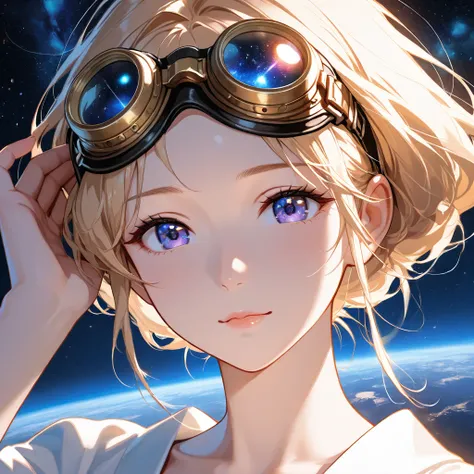 top quality,Space background,A beautiful girl traveling in an improved hanbok wears goggles on her head