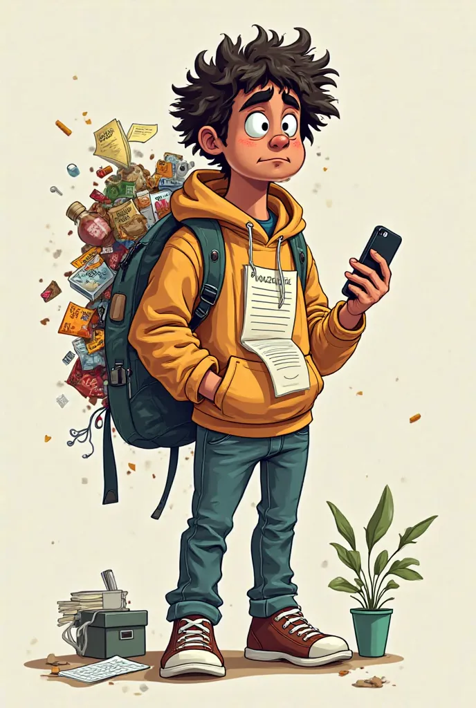 : Create a character named “Tim Wood,” representing the eight wastes in Lean, designed to be relatable to young people. Tim Wood is a funny-looking, mixed-race young adult with an exaggerated, overwhelmed expression. He has messy, unkempt curly hair and we...