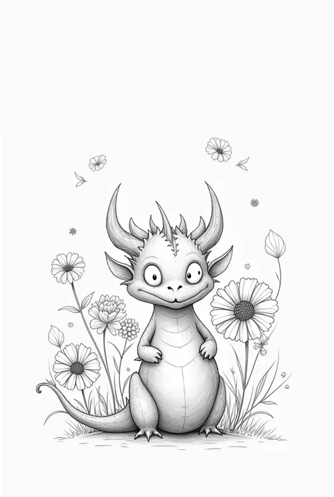 Obra maestra, superlativo,solamente, Dragon cute , flower line drawing background, fondo blanco, monocromo, line drawing, ((bosquejo)), spooky, white eyes,