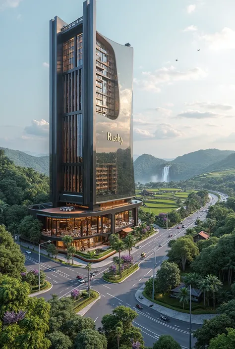 Created a Futuristic Luxury Building, glossy architecture, Futuristic variation tower, Slight Variations of Wood and Black andesit stone variation on the Wall architecture, with the logo "RUSDHY HOTEL", Daytime, ((Adjacent to the highway and lots of cars p...