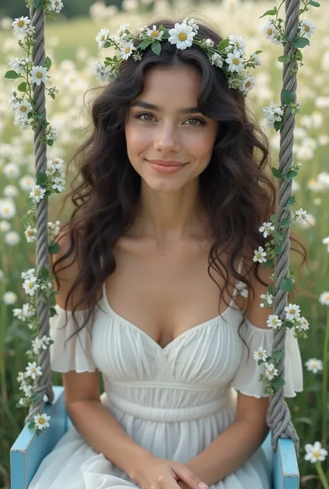 stunning mega-realistic images of a beautiful young woman with Spanish features,  long curly black hair , big brown eyes, soft and smooth skin, is in a beautiful field full of white flowers, sitting on a light blue wooden swing, The scene is romantic , she...