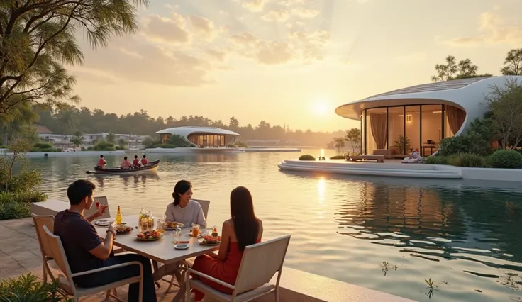 Asians peoples relax sitting with food in clear bags, on table at them terrace, the scene show the riverbay with another minimalist curval and primary shaped futuristic sustainbility floating houses with solar panel roofs on big white raft. somes running o...