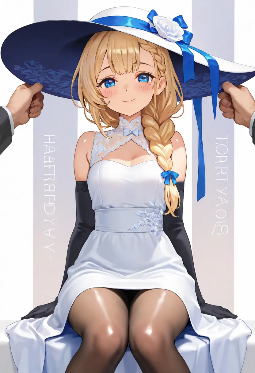 1girl, long hair, looking at viewer, blush, smile, blue eyes, simple background, blonde hair, white background, dress, hat, closed mouth, sitting, braid, pantyhose, black gloves, solo focus, elbow gloves, mole under eye, shiny skin, happy birthday, braided...