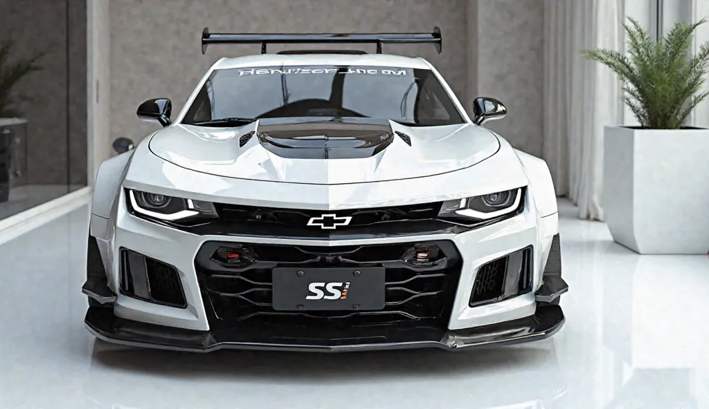 create an ultra-detailed 3D render of a modern, close-up  front view of modern 2026 (Chevy Camaro ss 1LE )( With a bold design. The car should feature a "Gleamy glossy painted  (full dimond sheny white)" color with a prominent '(Chevy'camro  logo on its pr...