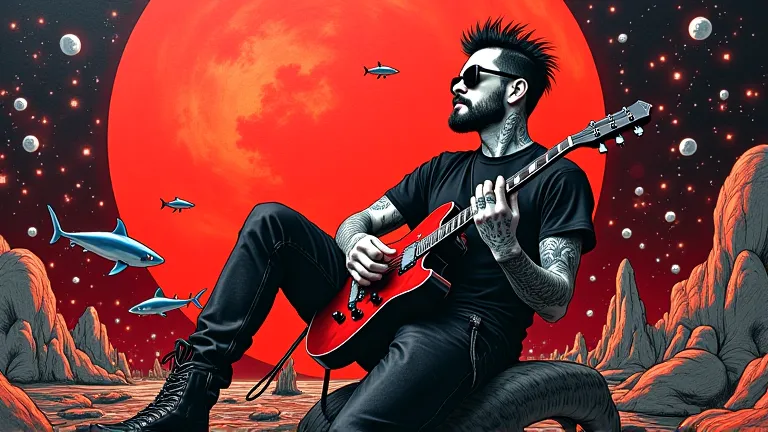 Hyperrealistic graffiti illustration in red and black ink, Banksy style, of a handsome punk man, 35 years old, black leather jeans, black t-shirt, beard, sunglasses, many tattoos, with punk haircut, high rocker boots, playing electric guitar in a very dark...