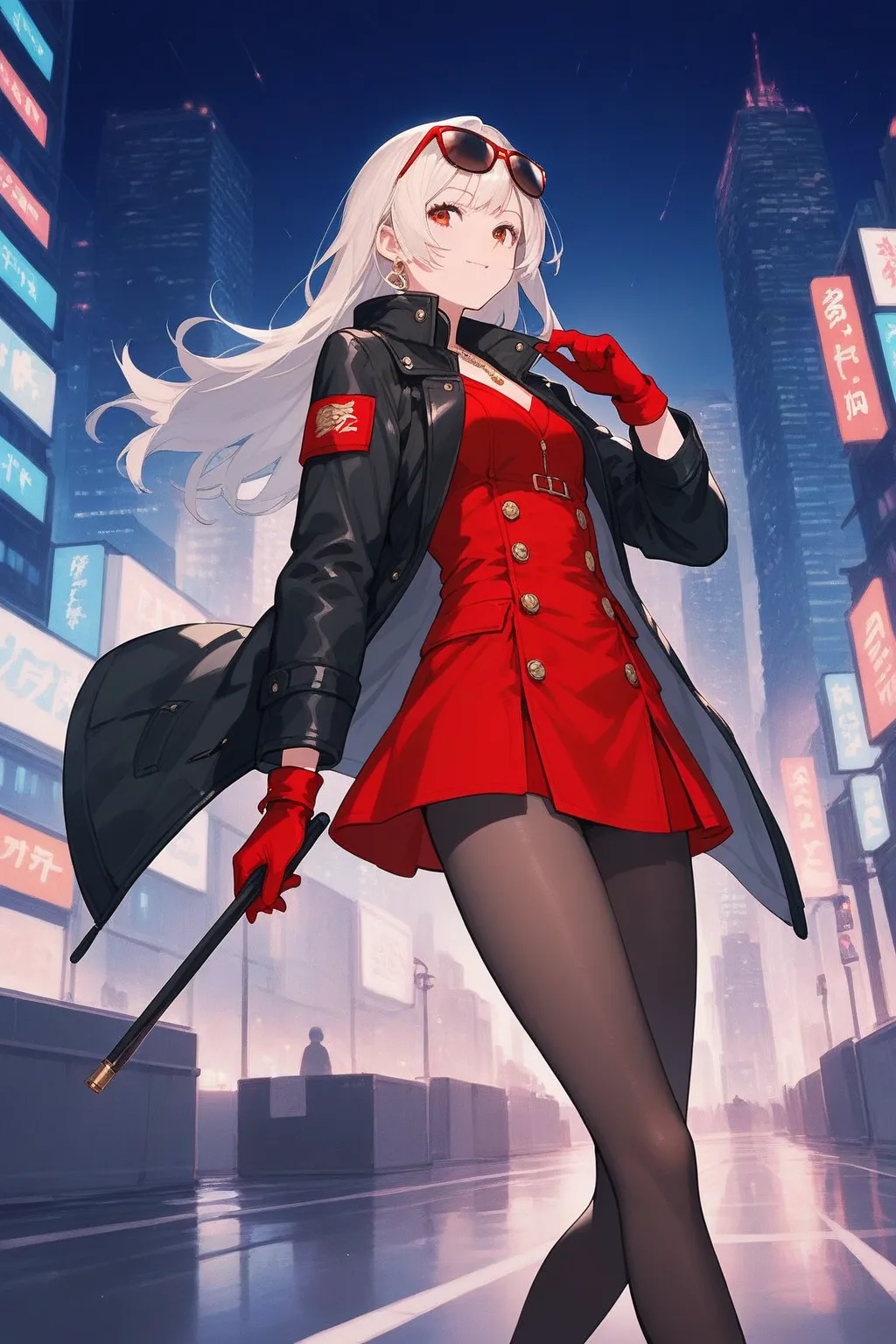 score_9, score_8_up, score_7_up, source_anime, city, solo, (1girl), ((She wears jacket,black jacket,coat, pantyhose, gloves,red gloves, sunglasses,jewelry)),