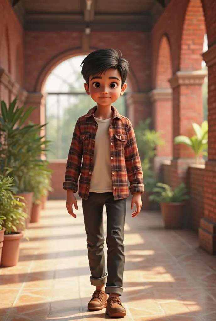 Young Boy (ethnicity: South Asian, age:16),  walking down a hallway, (body type: athletic, pose:casual), (detailed clothing:1.2), (accessories:1.1), plaid shirt (reddish-brown and beige), black pants, brown leather shoes.  (facial features:1.3), (expressio...