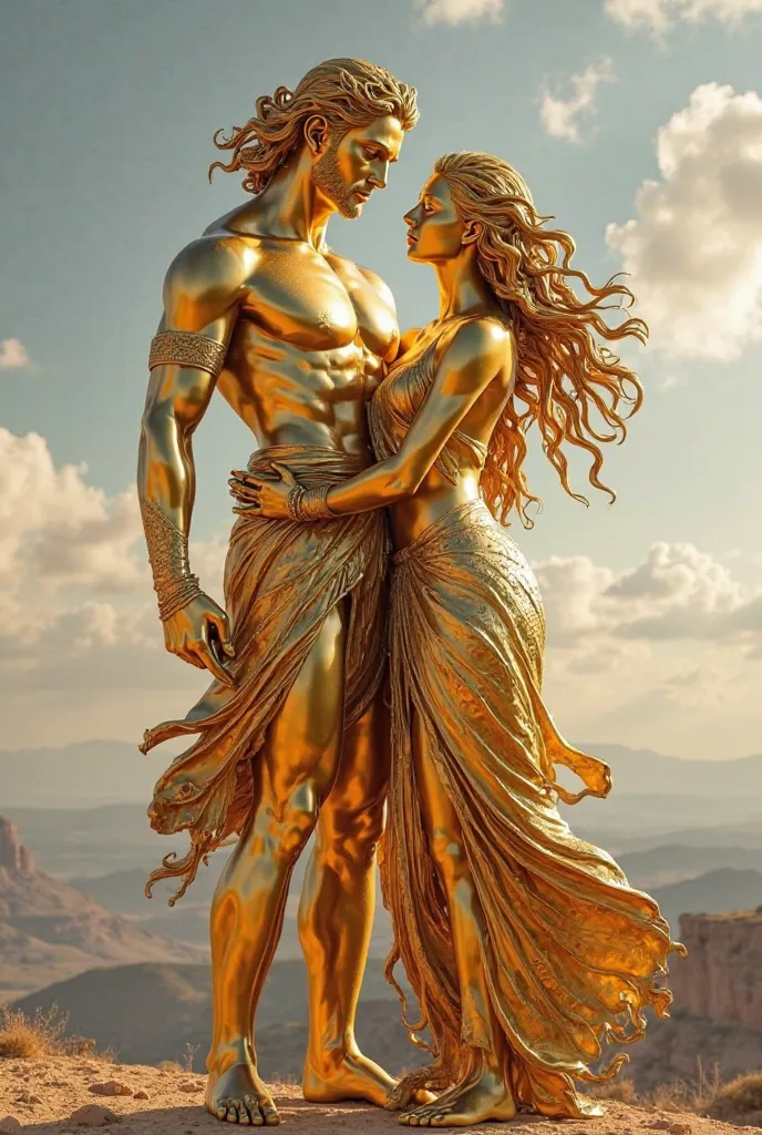 Draw a statue of Apollo and Inanna in gold plating