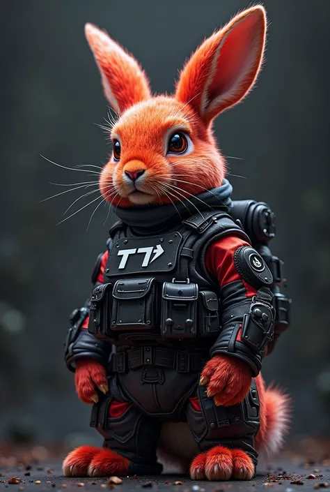 Generate an image of a rabbit with elements of the professional League of Legends team T1 and special forces aesthetics, using a red and black color scheme. The T1 logo should be clearly visible.