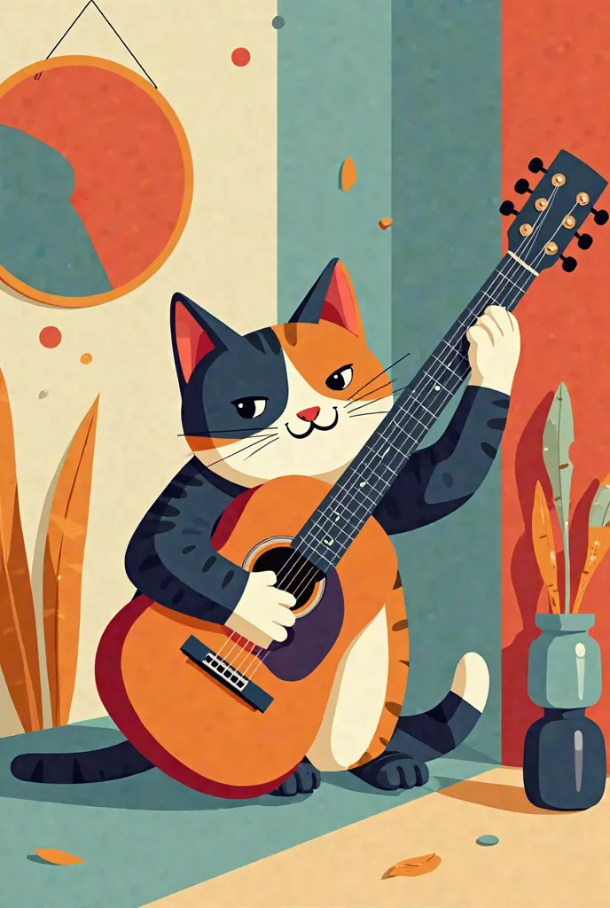 cat guitar funny flat vector dynamic scene