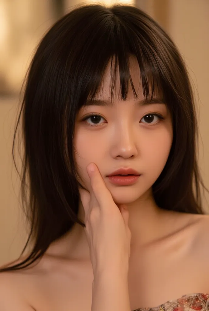 A stunning Japanese girl with long, silky black hair and straight bangs. Her delicate features include large, expressive eyes and porcelain-like skin. She wears a stylish yet elegant outfit, blending modern fashion with traditional Japanese elements. The b...