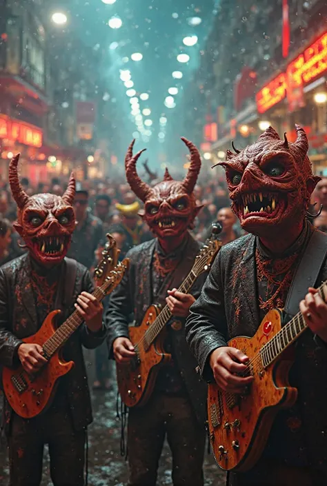 Carnival of diabolic monster masks and Sinaloan band, 3D