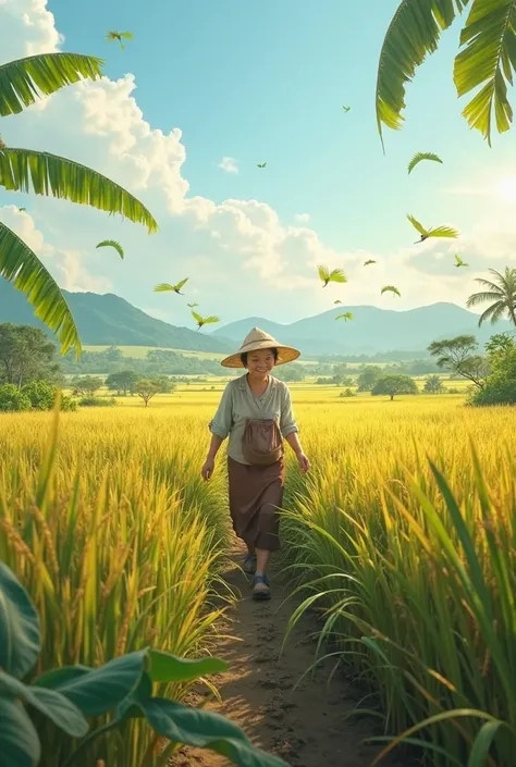 Image of the wind blowing through the rice fields and young banana leaves floating in the air. Saw Mae Hong leading in rice farming