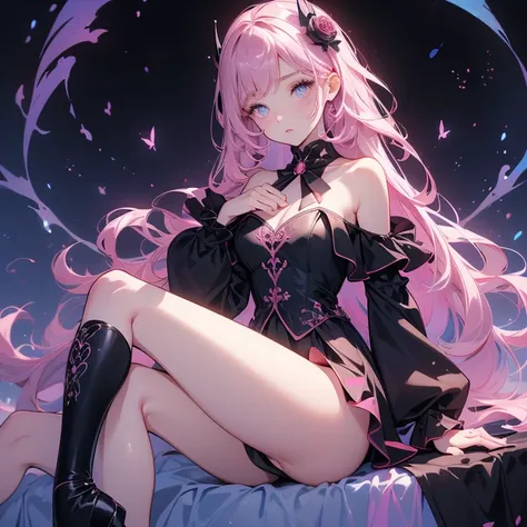 beauty、pink and magenta gradient background、 black clothes 、 pretty face、baby face、((( detailed eyes 、 droopy eyes )))、  long sleeve with flared cuffs  、 Shoulder-Out、 one-piece flared skirt 、 black and light blue socks 、Gothic Shoes、 facing the viewer 、  ...