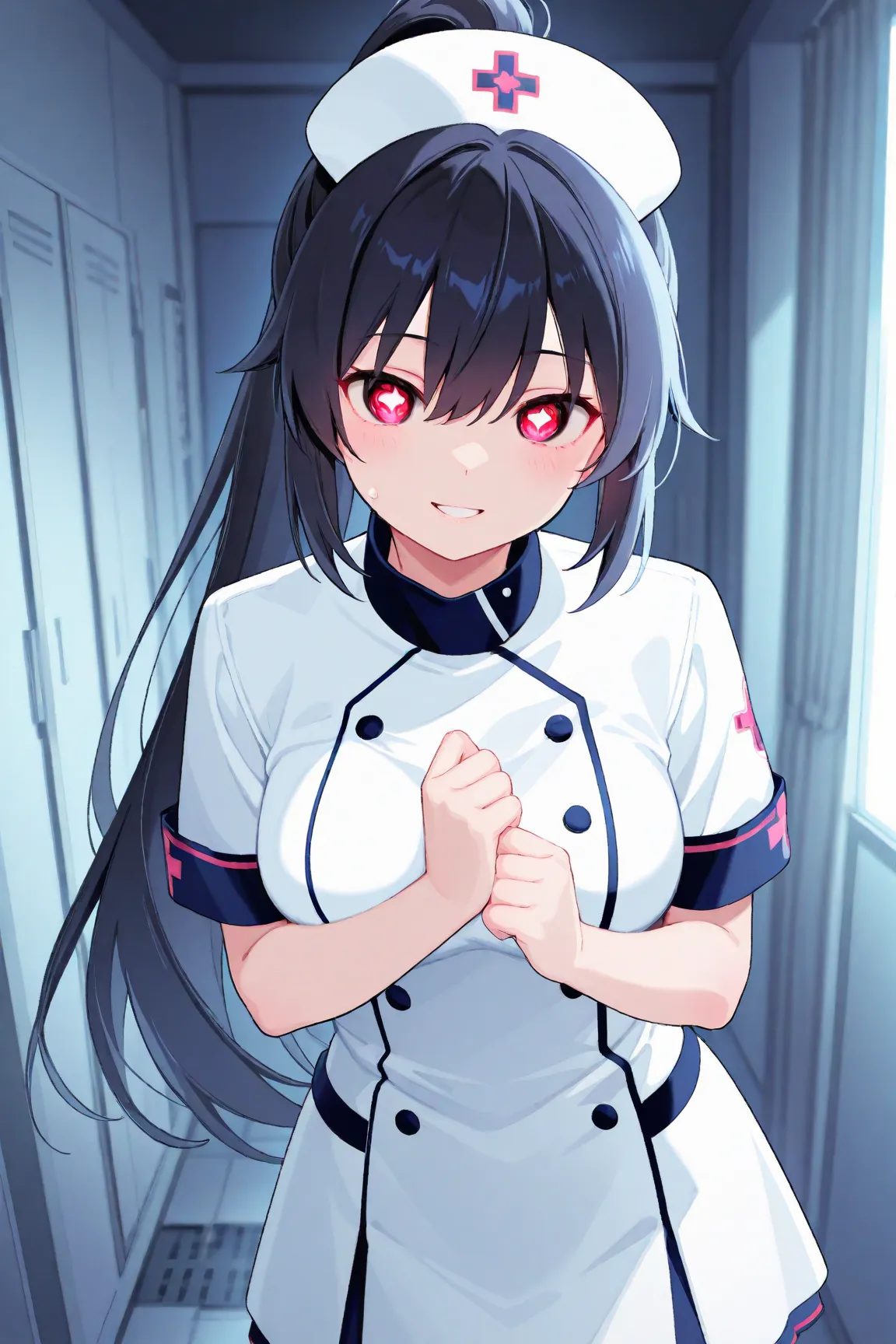  nurse、 Nurse、 syringe、 black hair、very long hair、 beauty、cute、 sexy、kind smile、masterpiece、8k、high image quality、、Hi-Res, 高quality, textured skin, Ultra High Definition, very detailed, quality, 