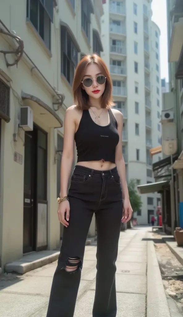 25 years old Korean girl, realistic body, masterpiece, cinematic quality, deep focus, facial details, smooth skin, clear focus, sunlight hitting her skin makes her stand out (natural light, afternoon light), natural breasts. She wears a black tank top pair...