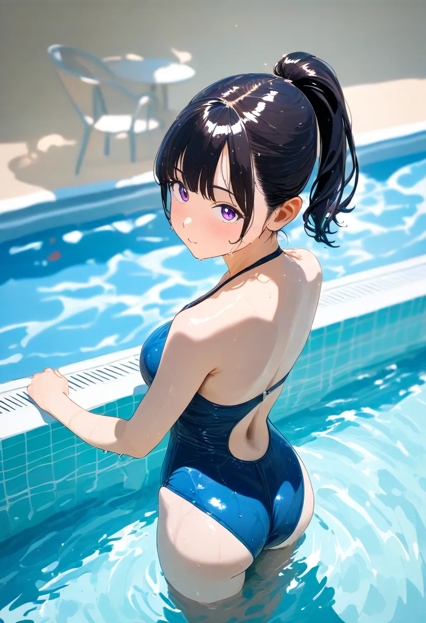   A young Asian woman ,  probably in her late twenties or early thirties ,   is shown from the middle of the back and slightly back  ,   standing near a swimming pool  .  She has dark,   shoulder-length hair styled in a ponytail  ,  and strikingly purple e...