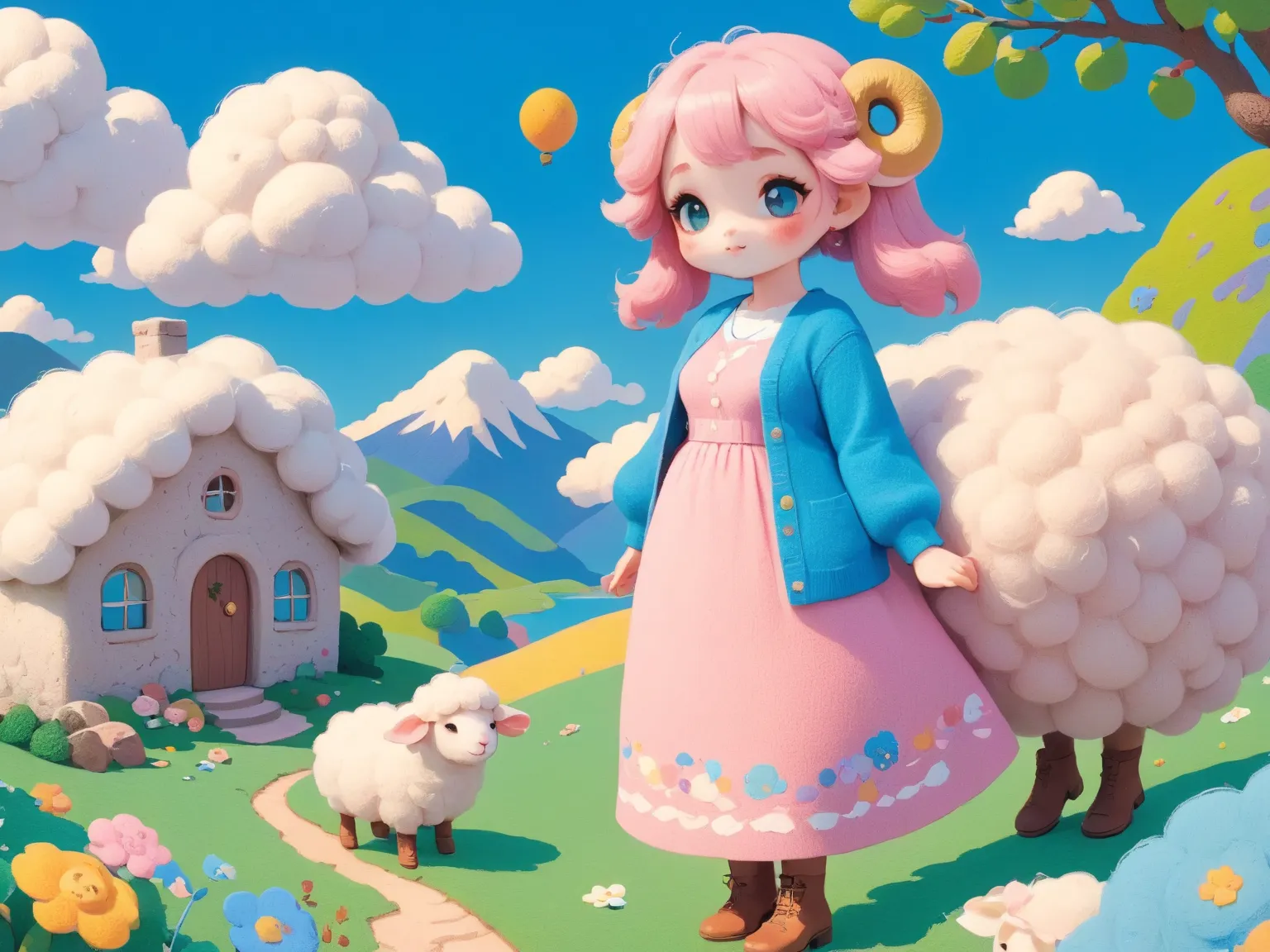 A delicate felt painting：ひつじちゃん\Fluffy and soft long hair\pink, BREAK, Thick eyebrows, round horns, Pink dress, sky blue cardigan, brown boots, BREAK, Cute Creatures, BREAK, peaceful, cute