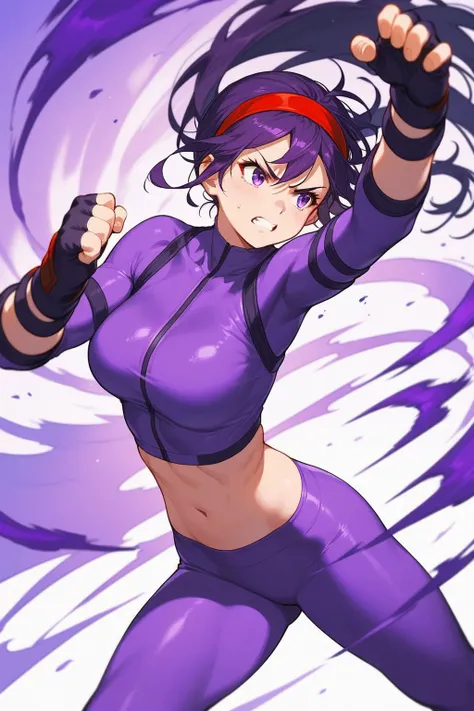 score_9, score_8_up, score_7_up, source_anime,  ((((fighting)))), solo, (1girl), ((She wears dougi, purple spandex, purple leggings, fingerless gloves, red hairband)),