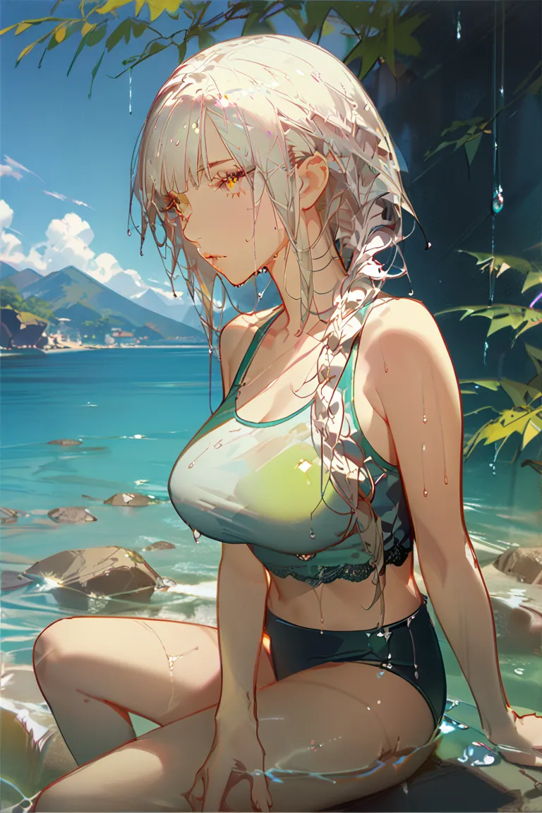 ((Masterpiece), (8k), (4k), (best quality)), solo, elf, ((female with super long high braid pure white hair green gradient), (tankini), (big boobs), (lace tankini), (Cute tankini), (wet), (dripping wet body and hair), (water dripping), (sitting)), (japanes...