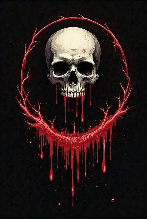 A round logo in the middle of which is a skull with drops of blood flowing down from it that flow down to form a brutally bloody inscription on the bottom of KROVOTOK